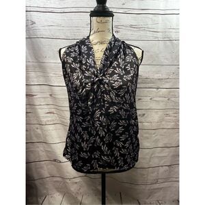 BANANA REPUBLIC Sleeveless Twisted Neck Leaf Print Blouse Black White Women's‎